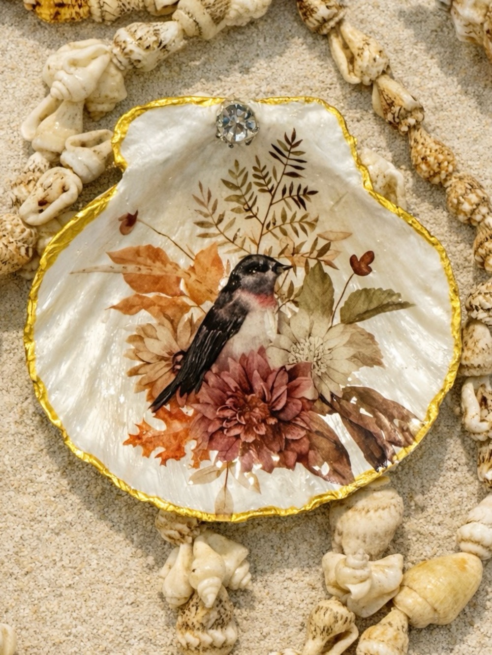 Hand made Shell Magnet or Trinket dish with Bird & Floral Motif 3”